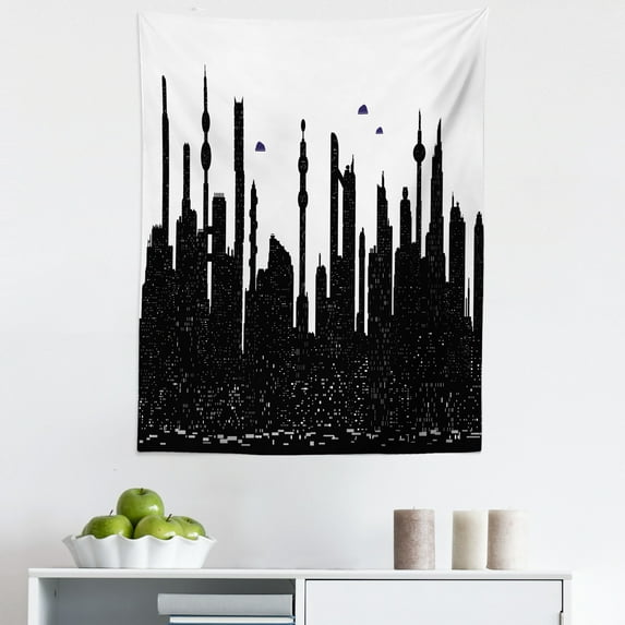 Black and White Tapestry, Sketchy Look Cyberpunk City Futuristic Building Silhouettes Abstract, Fabric Wall Hanging Decor for Bedroom Living Room Dorm, 5 Sizes, Dark Purple, by Ambesonne