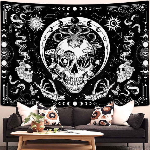 Black and White Tapestry, Skull Tapestry for Bedroom Aesthetic Wall Decorations, Sun and Moon Wall Hanging Tapestries for Living Room Dorm Decor 60X40 Inches