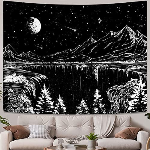 Black and White Tapestry Starry Night Mountain Tapestries for Bedroom