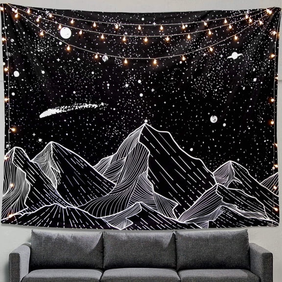 Black and White Tapestry Starry Night Mountain Tapestries for Bedroom Aesthetic Moon and Stars Tapastry's Wall Hanging Dark Nature Forest Wall Tapestry for Living Room Dorm (Dark, 80'' 60'')