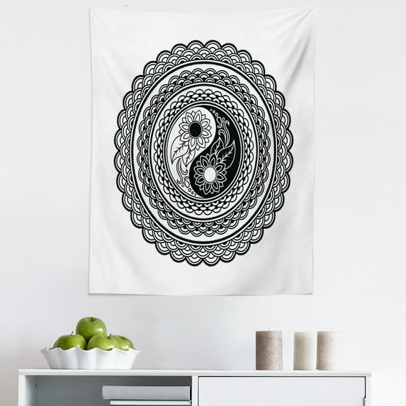 Black and White Tapestry, Yin Yang with Flowers Tattoo Style Mandala Illustration, Fabric Wall Hanging Decor for Bedroom Living Room Dorm, 5 Sizes, Black and White, by Ambesonne