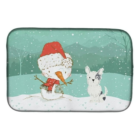Black & White Terrier Snowman Christmas Dish Drying Mat