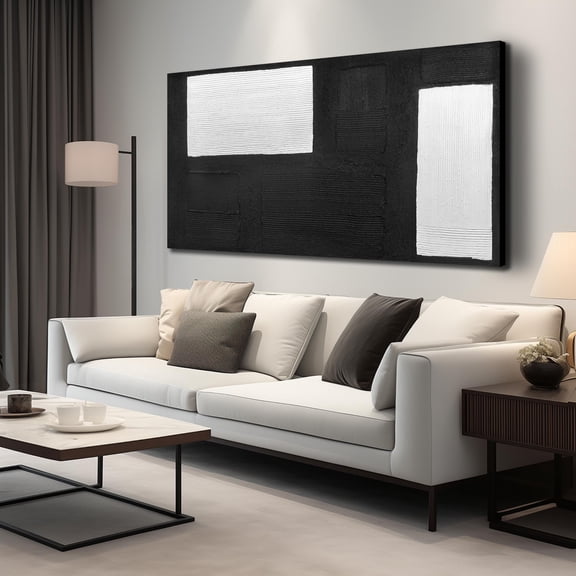 Black and White Textured Abstract Wall Art Picture, Modern Minimalist Geometric Canvas Painting, Large Texture 3D Hand Painted Artwork for Living Room Bedroom, 58x29 Inch