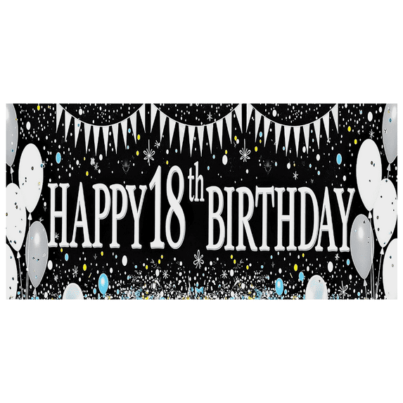 Black and White Themed 18th Birthday Backdrop Banner with Balloon Star Elements Party Decoration for Photography Props Birthday Party Decor Background Supplies