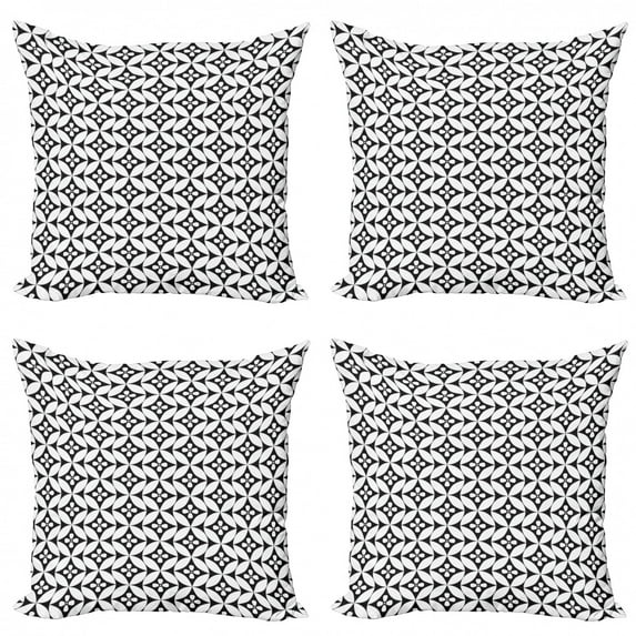 Ambesonne Black and White Throw Pillow Cover 4 Pack, Floral Retro Circle, 20", Black White