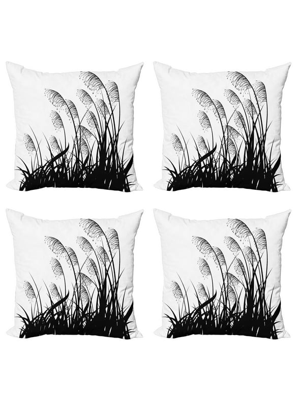 Black and White Throw Pillow Cushion Case Pack of 4, Silhouette of Bushes Wild Plants Wheat Field Twiggy Herbs Seasonal Picture, Modern Accent Double-Sided Print, 4 Sizes, White Black, by Ambesonne