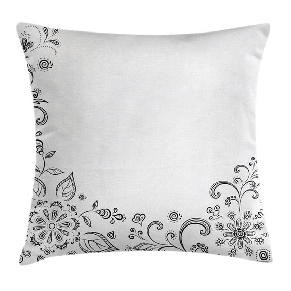 Black and White Throw Pillow Cushion Cover, Monochrome Floral Framework Herbs Swirled Leaves Botanical Sketchy Bouquet, Decorative Square Accent Pillow Case, 16 X 16 Inches, Black White, by Ambesonne