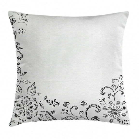 Black and White Throw Pillow Cushion Cover, Monochrome Floral Framework Herbs Swirled Leaves Botanical Sketchy Bouquet, Decorative Square Accent Pillow Case, 16 X 16 Inches, Black White, by Ambesonne