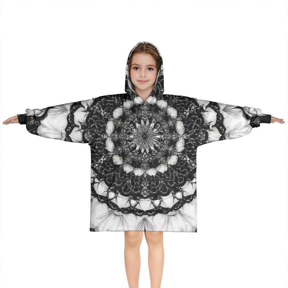 Black White Tie Dye Mandala Pattern Blanket Hoodies for Kids 6-13YR Oversize Wearable Blanket Hoodies for Boys Girls Teens
