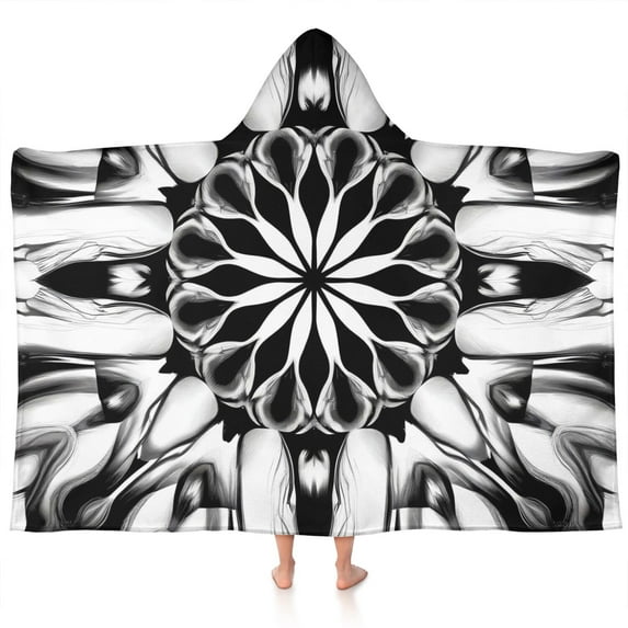 Black White Tie Dye Mandala Pattern Hooded Bath Towel,60"x35" for Ages 3 To 12 Kids, Quick Dry Lightweight Soft Microfiber Hood Beach Towel Cover Up for Kids