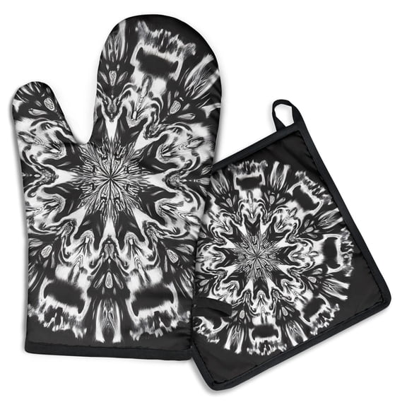 Black White Tie Dye Mandala Pattern Kitchen Oven Mitt and Pot Holder Sets 2 Pcs for Baking, Cooking and Grilling, Heat Resistant Up To 392 °F