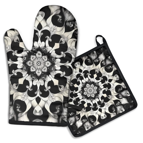 Black White Tie Dye Mandala Pattern Kitchen Oven Mitt and Pot Holder Sets 2 Pcs for Baking, Cooking and Grilling, Heat Resistant Up To 392 °F