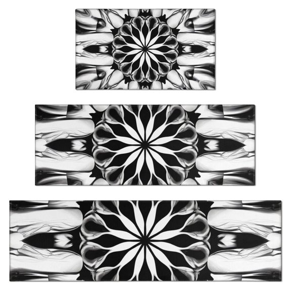 Black White Tie Dye Mandala Pattern Kitchen Rugs Sets Of 3,Kitchen Runner Rugs Non Skid Washable,Decorative Kitchen Floor Mats for Kitchen,Sink,Laundry,17"x30"+ 17"x47" + 17"x59"