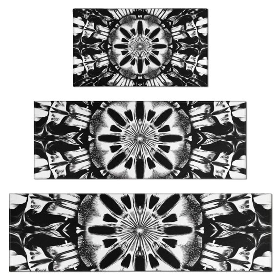 Black White Tie Dye Mandala Pattern Kitchen Rugs Sets Of 3,Kitchen Runner Rugs Non Skid Washable,Decorative Kitchen Floor Mats for Kitchen,Sink,Laundry,17"x30"+ 17"x47" + 17"x59"