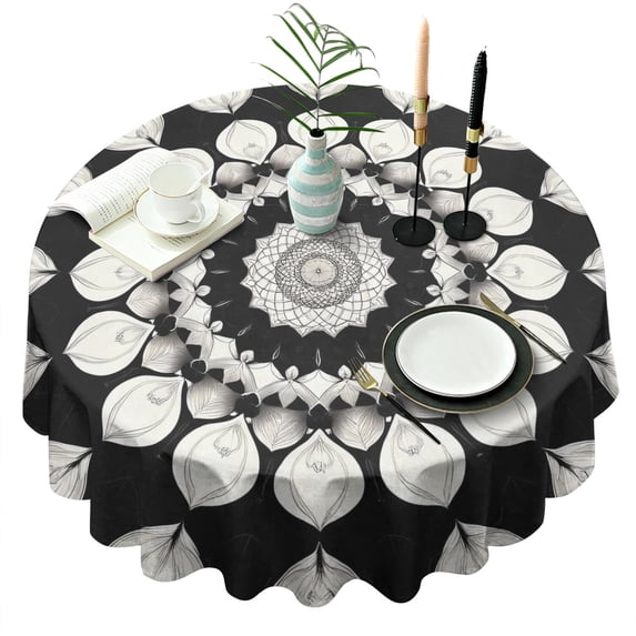 Black White Tie Dye Mandala Pattern Round Tablecloth 60"x60",Wrinkle Wipeable Table Cloth for Kitchen Dining Room Picnic Patio Party