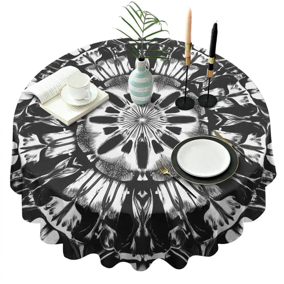 Black White Tie Dye Mandala Pattern Round Tablecloth 60"x60",Wrinkle Wipeable Table Cloth for Kitchen Dining Room Picnic Patio Party