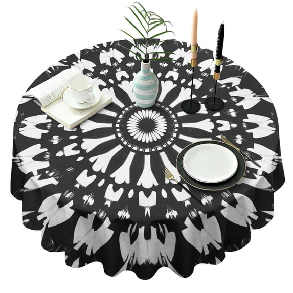 Black White Tie Dye Mandala Pattern Round Tablecloth 60"x60",Wrinkle Wipeable Table Cloth for Kitchen Dining Room Picnic Patio Party