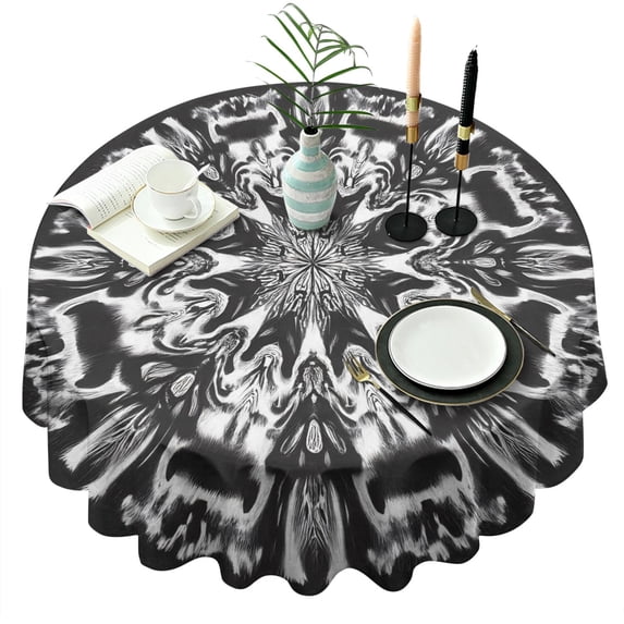 Black White Tie Dye Mandala Pattern Round Tablecloth 60"x60",Wrinkle Wipeable Table Cloth for Kitchen Dining Room Picnic Patio Party