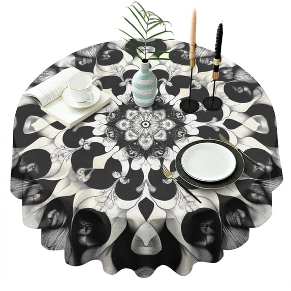 Black White Tie Dye Mandala Pattern Round Tablecloth 60"x60",Wrinkle Wipeable Table Cloth for Kitchen Dining Room Picnic Patio Party