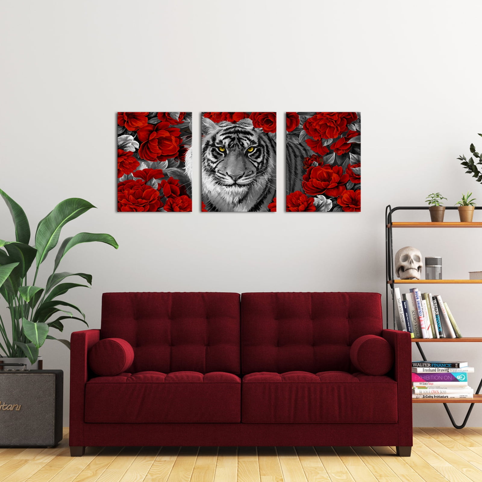 Black and White Tiger 3 Piece 12x16 inch Wood Framed Wall Art Set Clearance Animal Wildlife Cool