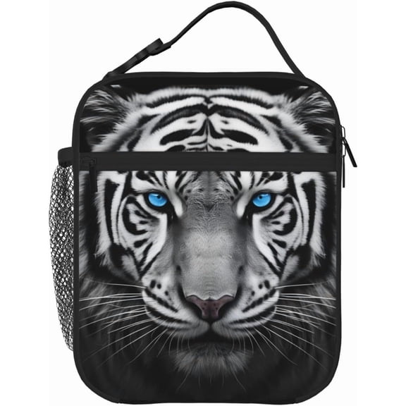 Black White Tiger Insulated Lunch Box With Detachable Handle - Meal Tote Bag For Adults 10"Lx 8"Wx4"H