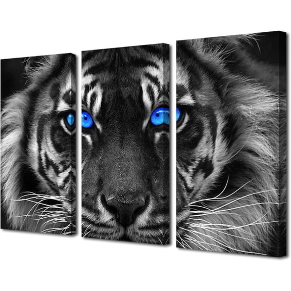 Black and White Tiger Wall Art Tiger Blue Eyed Close-up Picture Printed on Canvas Wall Decor Paintings Tigers Decor Posters Artwork Framed 3 Piece Ready to Hang(48''Wx32''H)