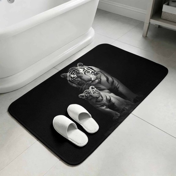 Black White Tigers Bathroom Rugs Non Slip Washable Bath Mat Absorbent Front Door Mat Powerful Wild Animal Jungle Wildlife Indoor Doormat for Kitchen Entryway Shower Decor Accessories 15.7"x23.6"