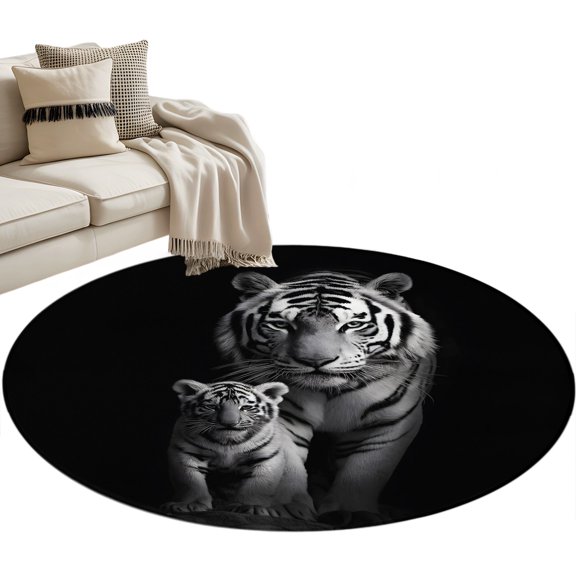 Black White Tigers Round Rug 3ft Washable Circle Entryway Rugs Non Slip Powerful Wild Animal Jungle Wildlife Area Rug Indoor Floor Carpet for Bedroom Kitchen Living Room Office Dining Room Nursery