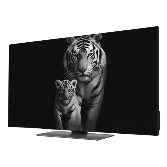 Black White Tigers TV Cover for 24 Inch Screen,Stretch Fabric Dustproof TV Display Protector,Powerful Wild Animal Jungle Wildlife Elastic Slipcover Monitor Cover for Indoor Computer 20.9"x11.8"