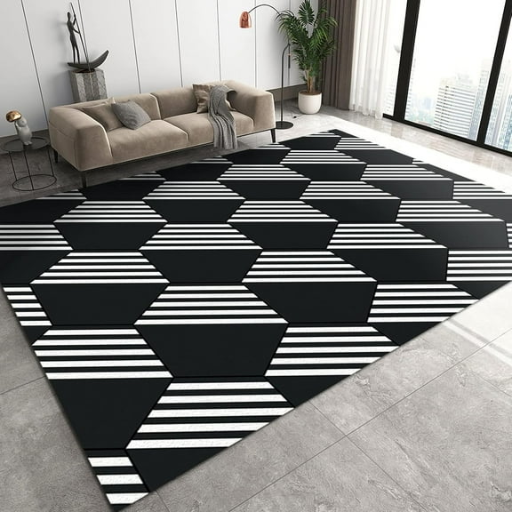 Black and White Tiles Area Rugs, 3D Geometric Regular Hexagon Line Art Living Room Carpet, Modern Rug Durable Enough Machine Washable Apply to Bedroom Living Room Farmhouse 3x4ft