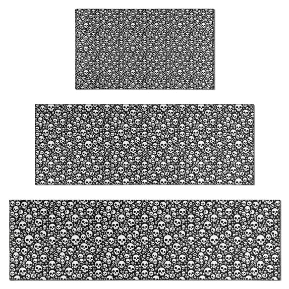 Black White Tiny Skull Pattern Kitchen Rugs Sets Of 3,Kitchen Runner Rugs Non Skid Washable,Decorative Kitchen Floor Mats for Kitchen,Sink,Laundry,17"x30"+ 17"x47" + 17"x59"