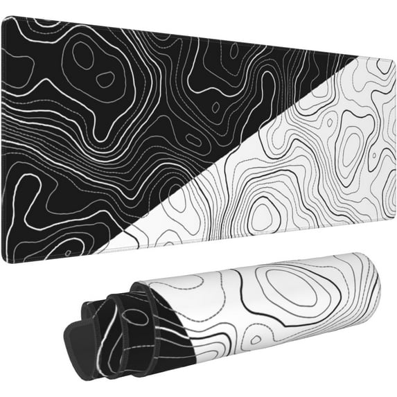 Black and White Topographic Contour Mouse Pad 31.5x11.8 XL Minimalist Cool Design Extended Mousepad Large Keyboard Mouse Mat Desk Pad with Non-Slip Rubber Base Stitched Edges for Home Office Game