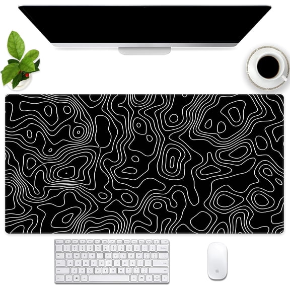 Black and White Topographic Map Gaming Mouse Pad - XXL Extended Desk Mat for Keyboard & Mouse (31.5" x 15.7") with Non-Slip Base & Stitched Edges - Washable Surface for Computer or Gaming Desk