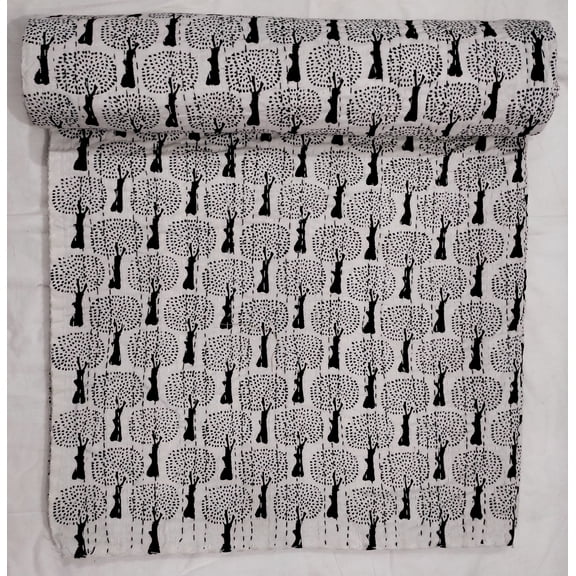 Black White Tree Block Print Indian Kantha Quilt Handmade Cotton Bedspread Artisan Stitched Indian Boho Decor