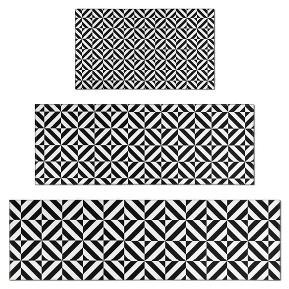 Black White Triangle Checkered Pattern Kitchen Rugs Sets Of 3,Kitchen Runner Rugs Non Skid Washable,Decorative Kitchen Floor Mats for Kitchen,Sink,Laundry,17"x30"+ 17"x47" + 17"x59"