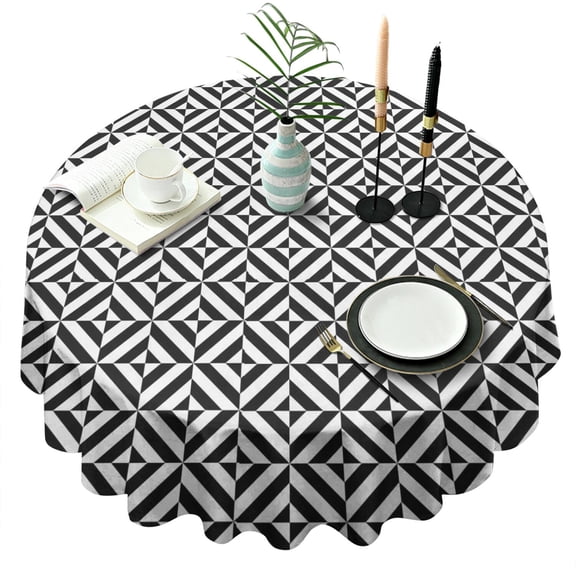 Black White Triangle Checkered Pattern Round Tablecloth 60"x60",Wrinkle Wipeable Table Cloth for Kitchen Dining Room Picnic Patio Party