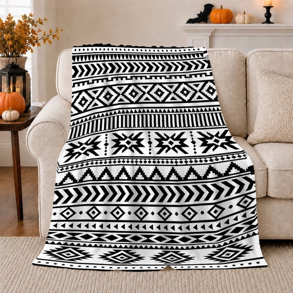 Black White Tribal Geometric, Cozy Friendship Quote Scene, Warm Flannel Blanket for Living Room and Reading Nook, Art Lovers Thanksgiving Gift, Artistic Home Decor