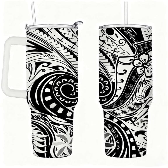 Black & White Tribal Pattern Stainless Steel Tumbler with Handle and Straw