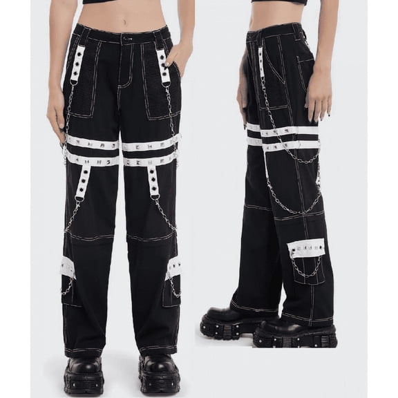 Black & White Hot Topic Tripp Pants Womens Punk Rock Gothic Trouser Suspender Chain Skater