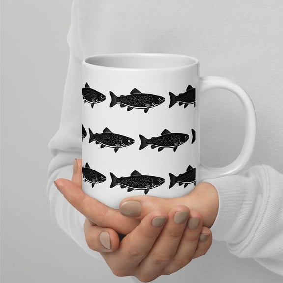 Black White Trout Pattern Coffee Mug Minimalist Fish Design Fishing Lover Gift Simple Nautical Style Ceramic Mug 11oz