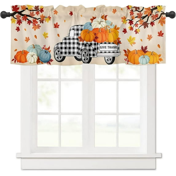 Black White Truck Valance Curtains for Kitchen or Bathroom, Valances Window Treatment Rod Pocket Drape 54x18inch Light Filtering Living Room Bedroom Decor Thanksgiving Car with Fall Pumpkin