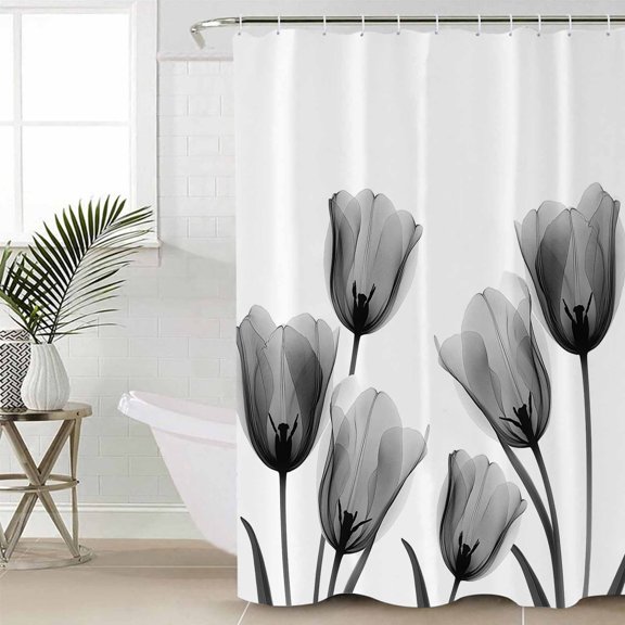 Black White Tulip Extra Long Shower Curtain Set, Waterproof Shower Curtains for Bathroom, Spring Greyscale Leaf Flower Plant Washable Fabric Cloth Bath Curtain for Bathtub with Hooks 72x96 Inches