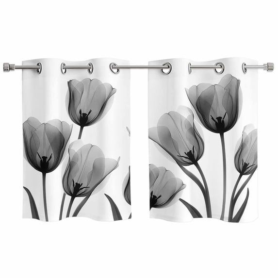 Black White Tulip Kitchen Curtains Small Short 39 Inch Length, Spring Greyscale Leaf Flower Plant Grommet Top Bedroom Living Room Curtains, Light Filtering Cafe Curtain Drapes 2 Panels Set 55''x39''
