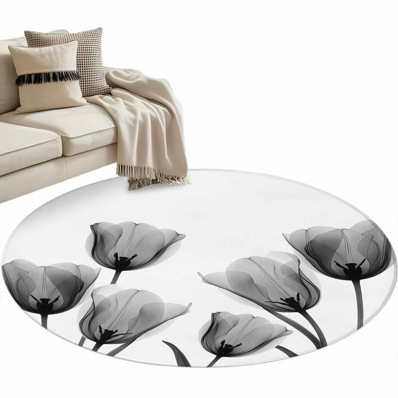 Black White Tulip Round Area Rug 4 FT, Non Slip Indoor Outdoor Rug, Spring Greyscale Leaf Flower Plant Washable Soft Circular Carpet Non-Shedding Floor Mat for Coffee Table Nursery Foyer Balcony