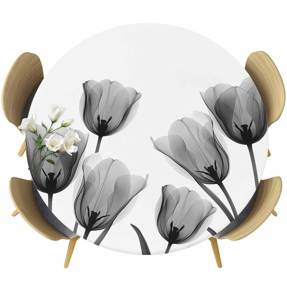 Black White Tulip Round Tablecloth 36-44 Inch Round Fitted Table Cloth with Elastic Edge, Spring Greyscale Leaf Flower Plant Waterproof Table Cover Protector for Outdoor Picnic Party Dining