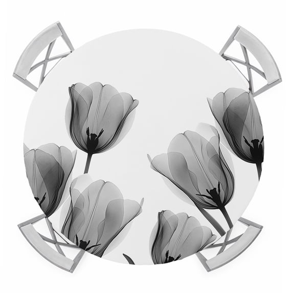 Black White Tulip Round Tablecloth for 45-54 Inch Tables,Fitted Table Cover with Elastic Edge,Spring Greyscale Leaf Flower Plant Waterproof Outdoor Table Cloth Protector for Patio Garden Dinner