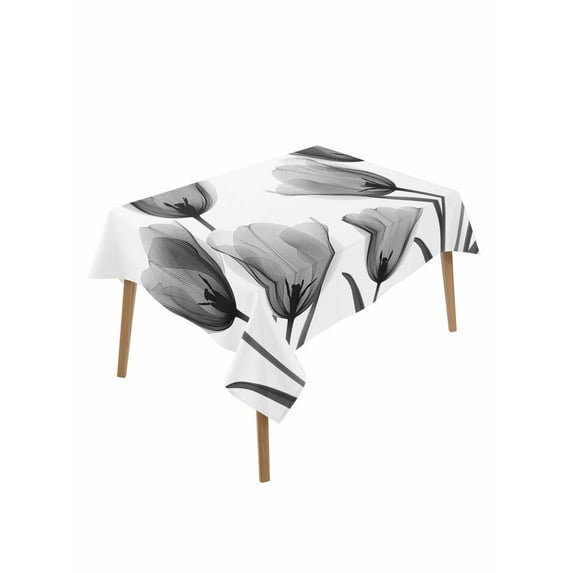 Black White Tulip Table Cloth, Spring Greyscale Leaf Flower Plant Waterproof Tablecloth for Rectangle Tables, Reusable Washable Fabric Table Cover for Restaurant Kitchen Dining Tables 60"x102"