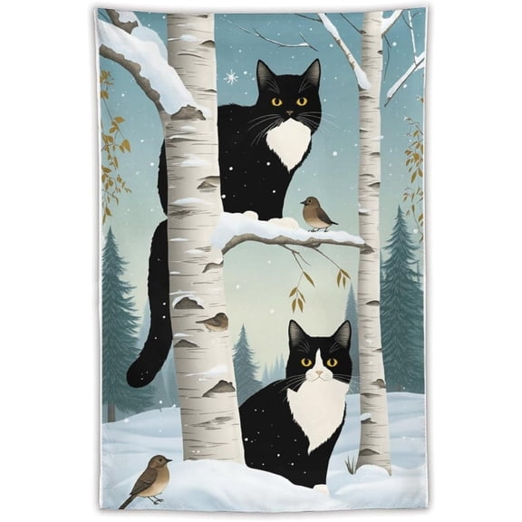 Black & White Tuxedo Cat G - Two Cats in Birch Forest Tapestry 40"x60" Boho Chic for Bedroom Living Room