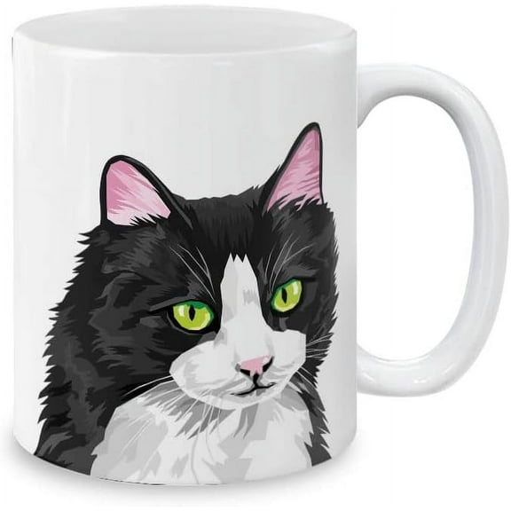 Black White Tuxedo Cat Vector Portrait Ceramic Coffee Mug Tea Cup, 11 OZ