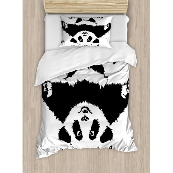 Black and White Twin Size Duvet Cover Set, Funny Animal Mascot "Keep Calm and Hug a Panda" Motivational Quote Art, Decorative 2 Piece Bedding Set with 1 Pillow Sham, Black White, by Ambesonne